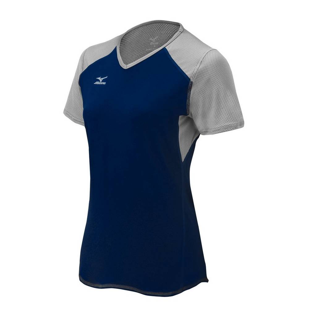 Womens Mizuno Techno VI Short Sleeve Volleyball Jersey Navy/Silver Philippines (IDVWXH714)